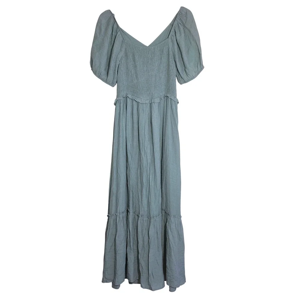 Ryan Michelle Midi Dress Womens Size Medium Sage Green Smocked Tiered EUC - Picture 4 of 8